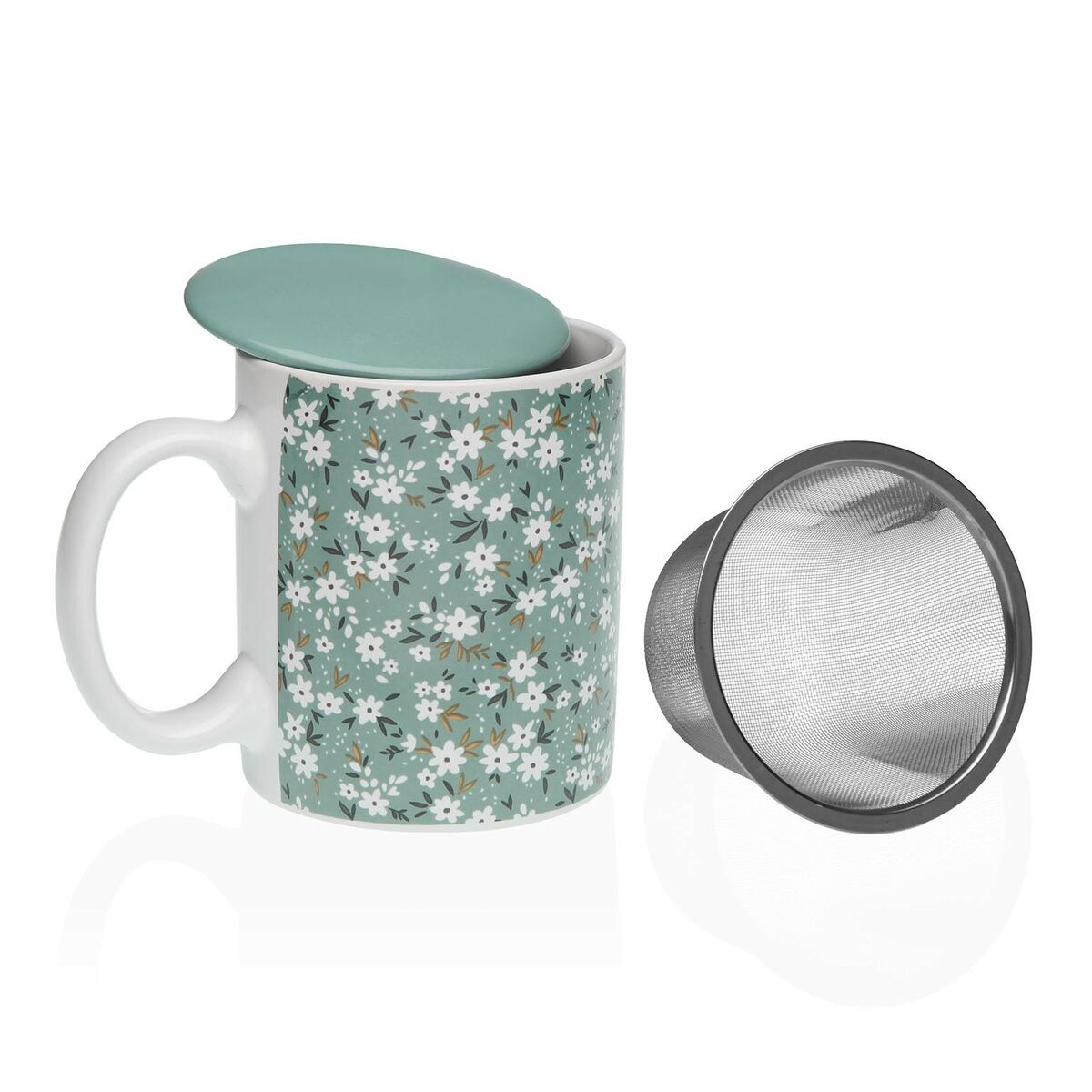 Cup with Tea Filter Versa Bellis Green Stoneware Versa