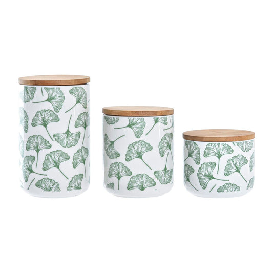 3 Tubs DKD Home Decor Natural White Green Bamboo Stoneware Tropical 10 x 10 x 17 cm - byKim