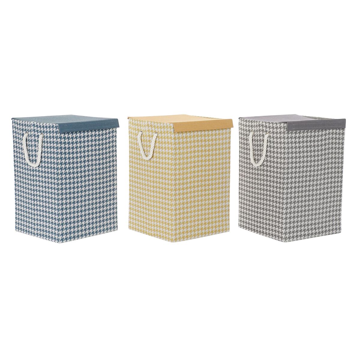 Laundry basket DKD Home Decor Houndstooth 36 x 36 x 55 cm Grey Blue Yellow (3 Units)