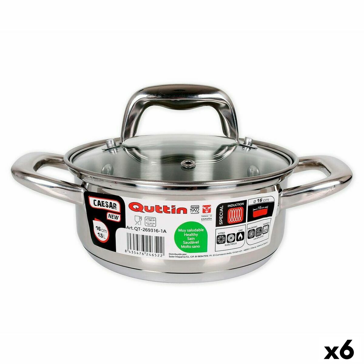 Casserole Quttin 139494 With lid Steel Ø 16 x 7 cm (6 Units) (16 cm) (1,5 L)