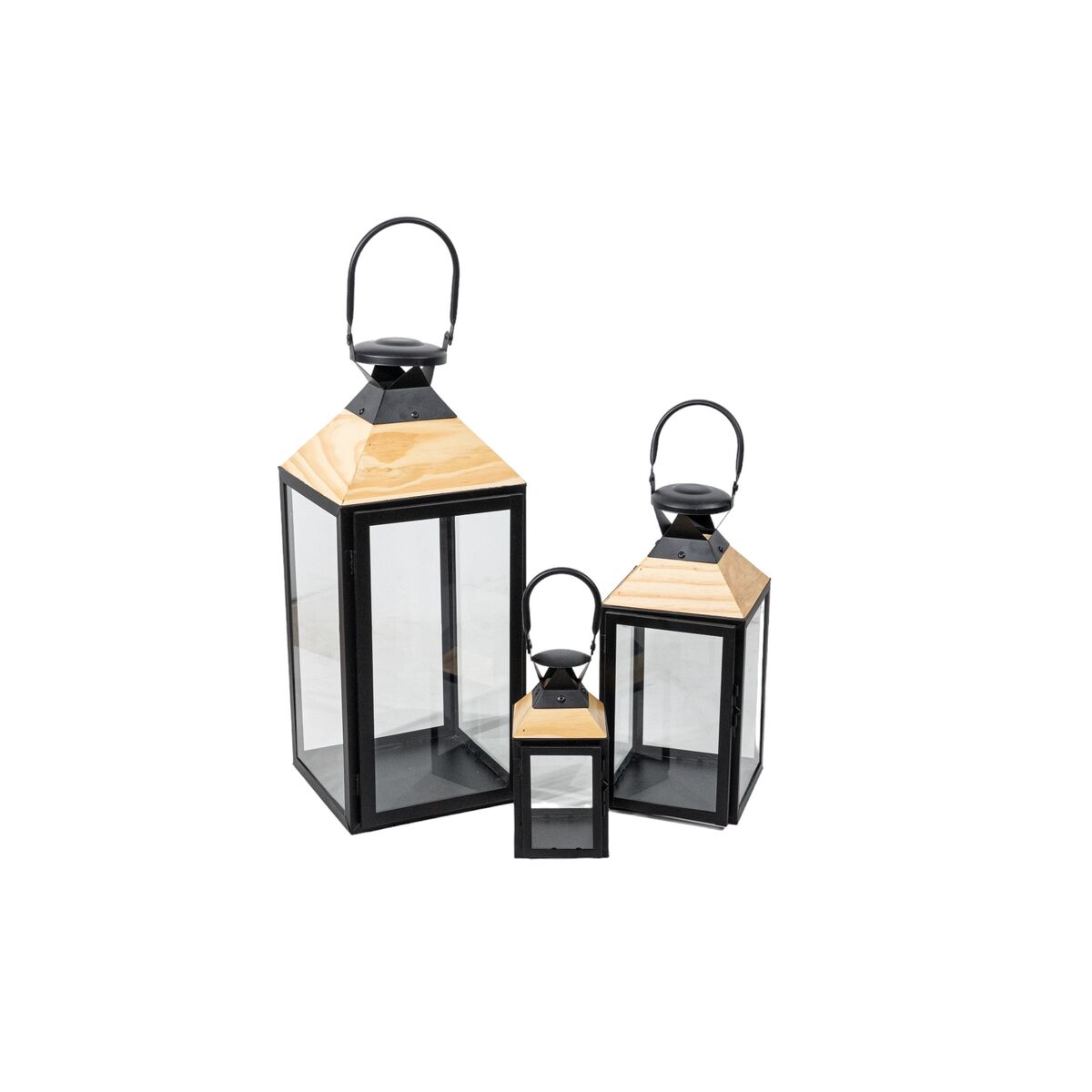 Lantern set Romimex Black Beige Wood Metal 3 Pieces Romimex