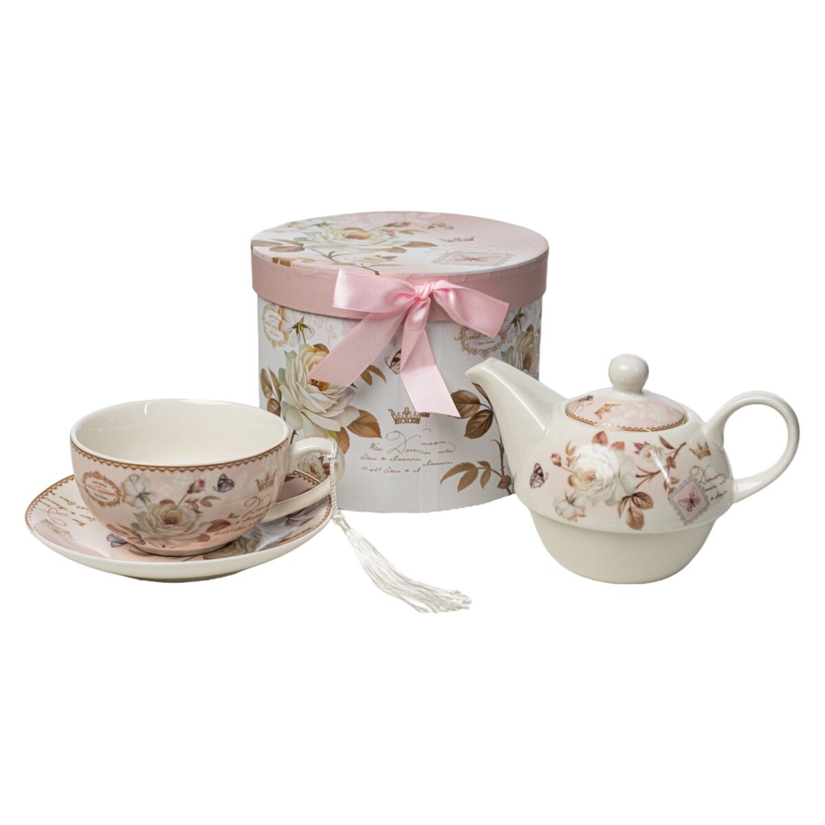 Tea Set Romimex Pink Ceramic 300 ml Cup with Plate 3 Pieces Romimex