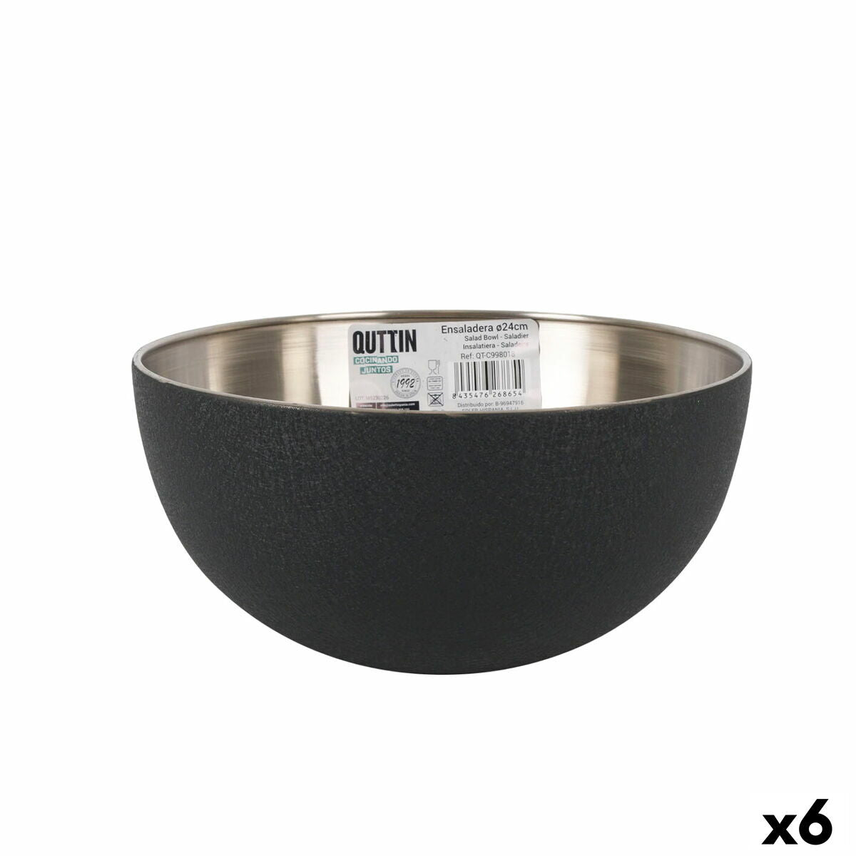 Salad Bowl Quttin Black Silver Steel 24 x 12 cm (6 Units)