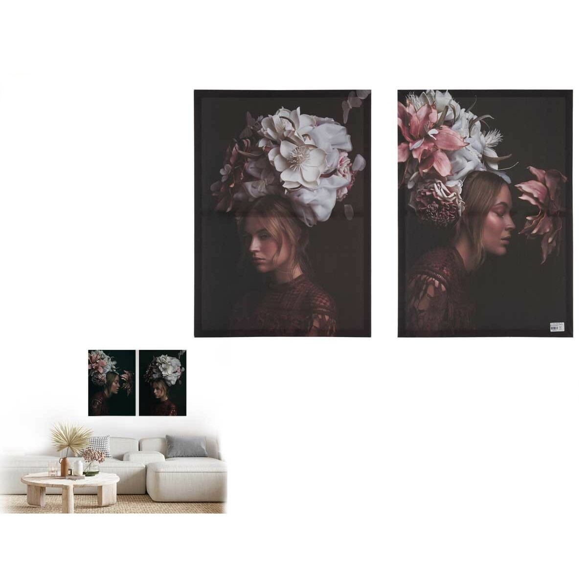 Set of 2 pictures Canvas Lady Flowers 70 x 50 x 1,5 cm (6 Units) Gift Decor