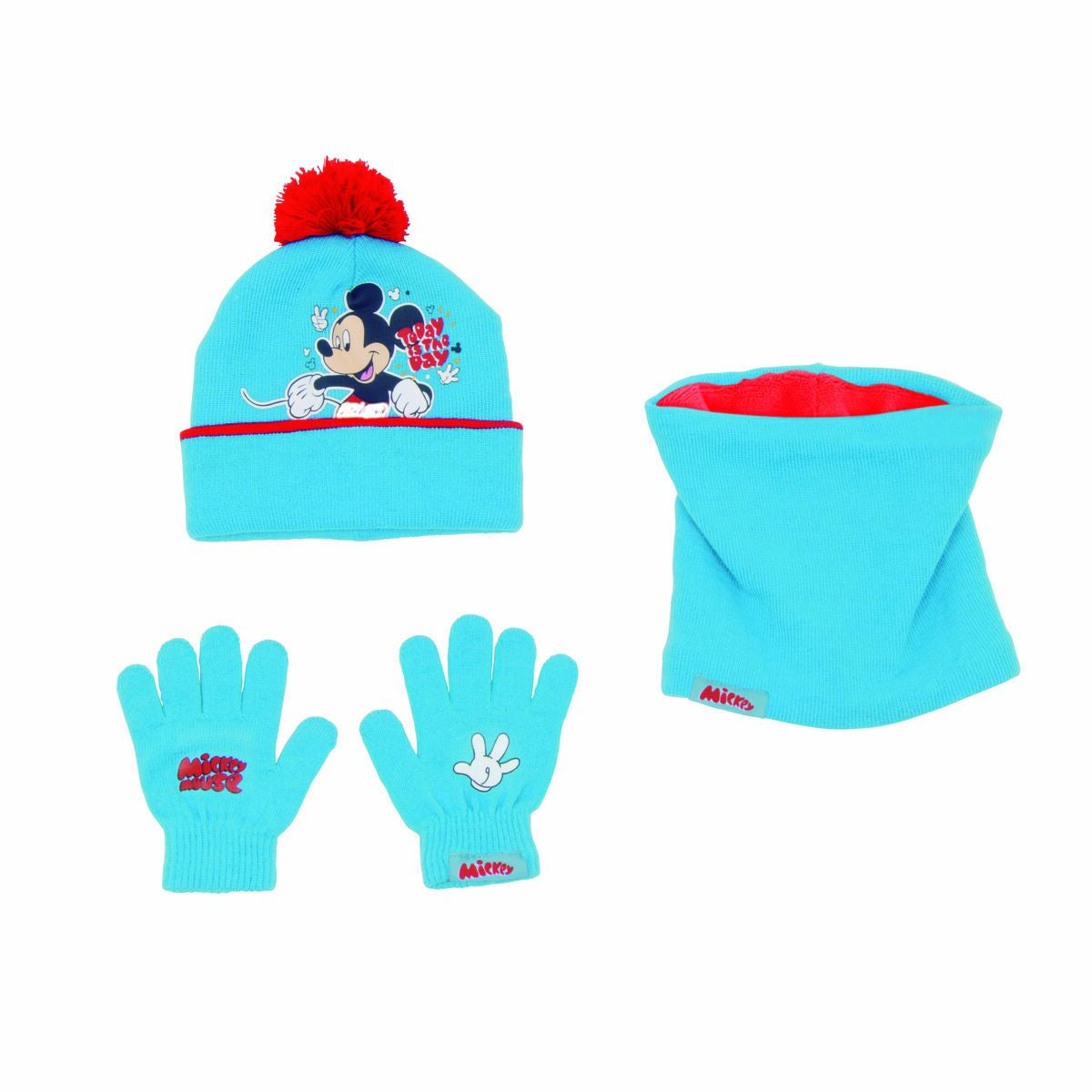 Hat, Gloves and Neck Warmer Mickey Mouse Happy smiles Blue Red